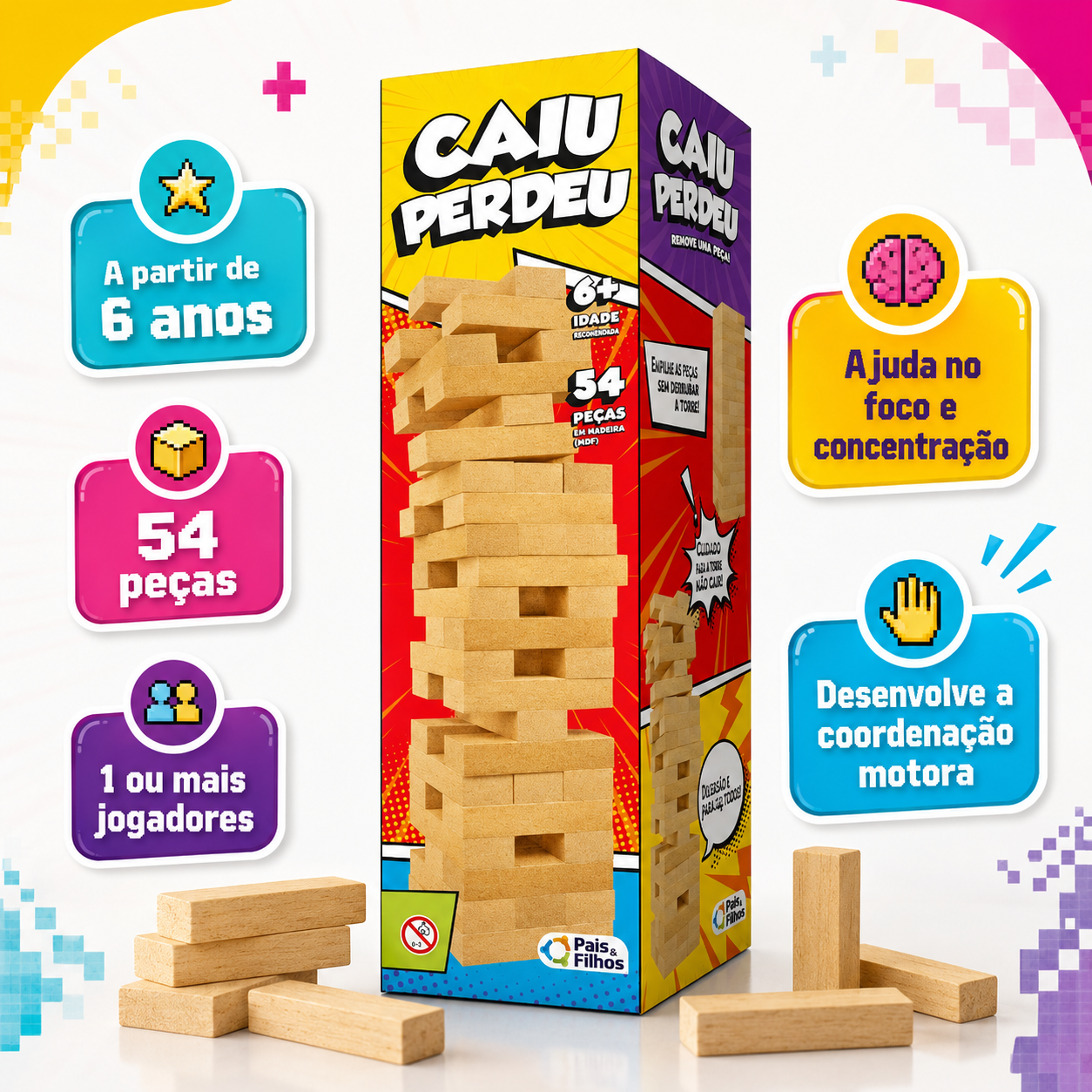 JOGO CAIU PERDEU MADEIRA 54 PEÇAS - Pais & Filhos - JOGO - VillaGO