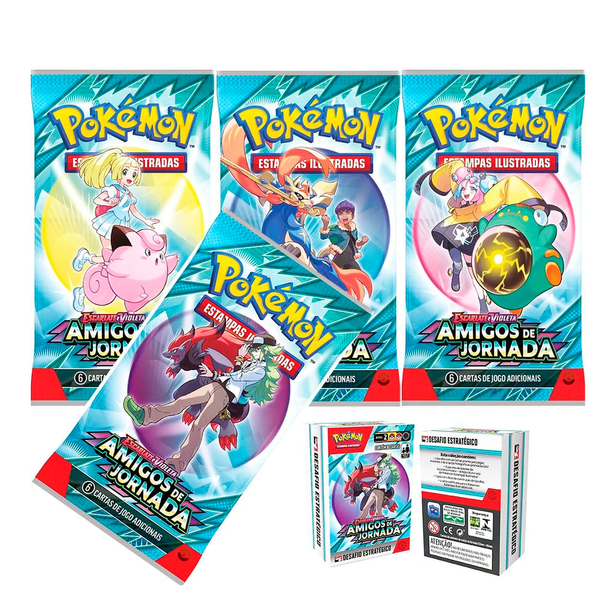 Desafio Estratégico Pokémon Amigos de Jornada Copag com baralho e 8 boosters